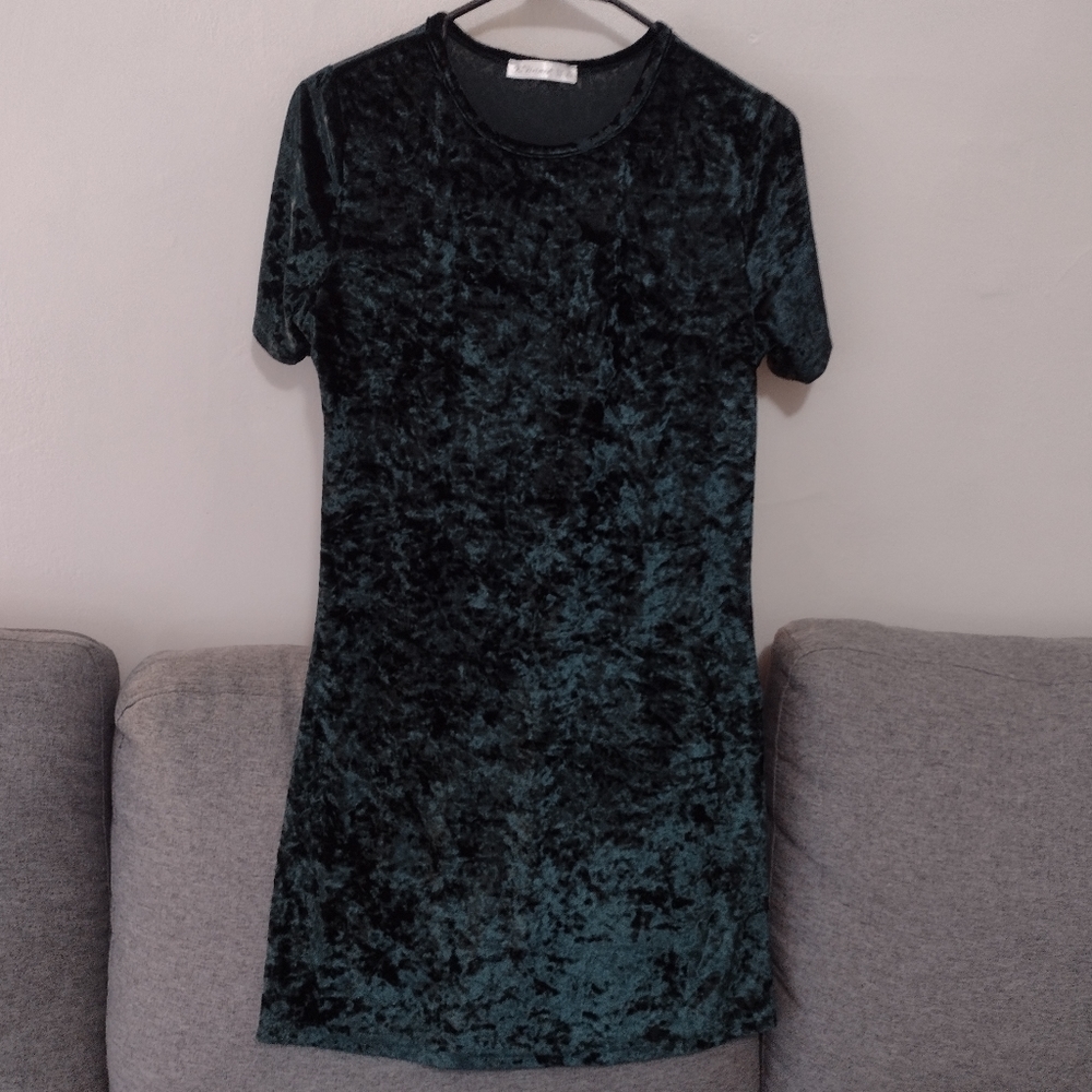 Green crushed velvet style mini dress